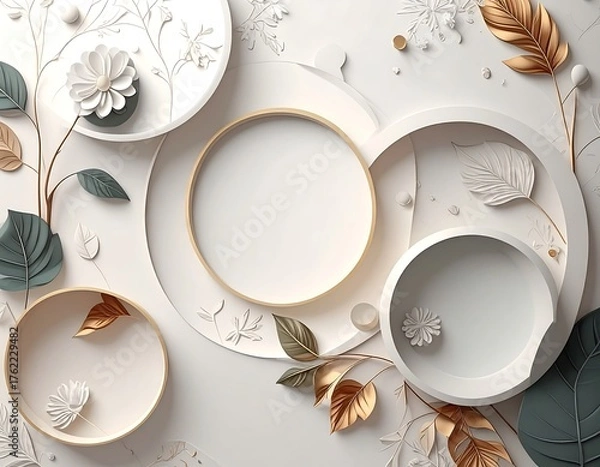 Fototapeta An abstract composition featuring a series of nested circular forms, adorned with botanical elements in pastel tones. Gold accents enhance the design