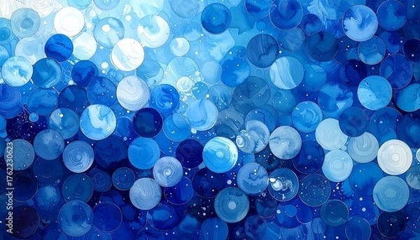 Fototapeta An abstract composition featuring an array of overlapping circles in various shades of blue, creating a textured, dreamlike atmosphere