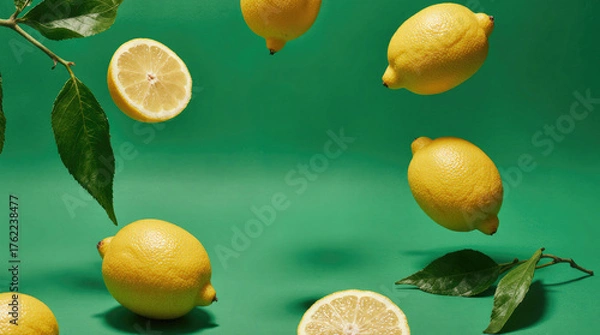 Fototapeta Fresh lemons floating against a green background. Whole and sliced lemons are visible, surrounded by green leaves. Bright and vibrant colors create a fresh atmosphere.
