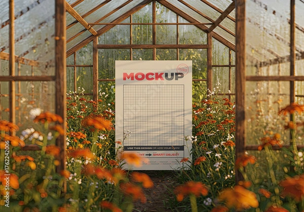 Obraz Poster Mockup on Greenhouse with Flowers