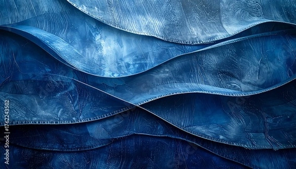 Fototapeta An abstract composition of undulating, layered forms in varying shades of blue creating a fluid, textural effect reminiscent of waves