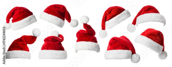Obraz Collage with Santa Claus hats set, closeup objects. Isolated on transparent background. Christmas and New Year celebration