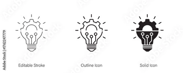 Fototapeta Light bulb or idea with gear wheel machine icon. Creative solutions, technological progress, and future innovations. line and solid icon element for app and web. Vector illustration. Editable stroke.