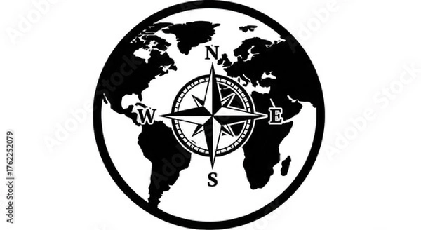 Fototapeta Elegant compass design with a world map background, symbolizing navigation