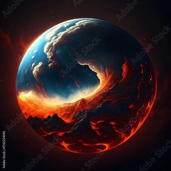 Fototapeta Surreal Divided Planet with Blue Oceanic Half and Fiery Lava Inferno in Cosmic Space