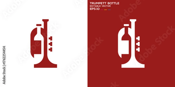 Fototapeta Trumpet and bottle logo. Musical instruments, wind instruments, drinks, wine. Vector design template.