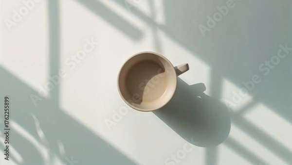 Obraz Coffee cup resting on a table with shadows from sunlight