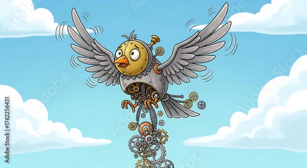 Fototapeta Flying Clockwork Bird Suffering Mechanical Breakdown