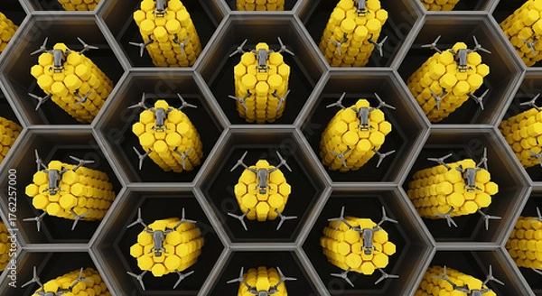 Fototapeta Futuristic Corn Cob Drones Stored in Hexagonal Grid