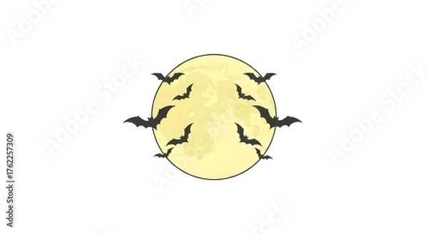 Fototapeta Spooky Halloween Night with Bats Flying Across a Glowing Full Moon in a Dark Sky Illustration