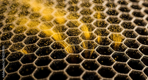 Fototapeta Golden Particle Burst from Dark Hexagonal Honeycomb Matrix