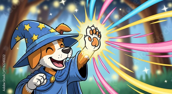 Fototapeta Happy Magical Puppy Wizard Unleashing Colorful Fantasy Power