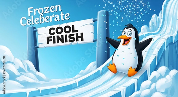 Fototapeta Happy Penguin Achieves Cool Finish on Icy Winter Slide