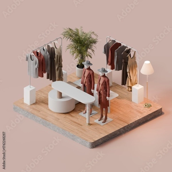 Fototapeta Isometric Clothing Store Display with Mannequins and Fashion Racks - 3D Render