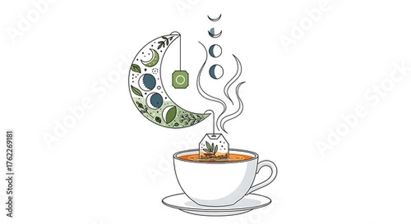 Fototapeta Mystical Tea Time Botanical Moon Phase Cycle Vector Art