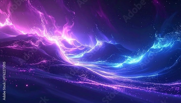Fototapeta An abstract digital artwork featuring vibrant, flowing energy forms in shades of purple, pink, and blue, resembling celestial landscapes