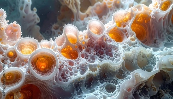 Fototapeta Abstract image featuring textured, porous, organic formations with glowing orange interiors. The shapes resemble complex structures