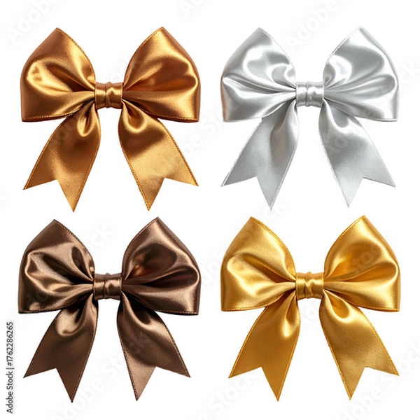 Fototapeta Four satin bows in various metallic shades on a dark background