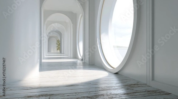 Obraz Long, narrow corridor with white walls and wooden flooring. the corridor has three arches on either side, each with a large circular window on the right side.