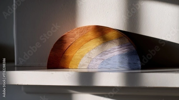 Obraz Close-up of a wooden sculpture on a white shelf. the sculpture is in the shape of a curved arch, with the top half being orange, the middle half being yellow, and the bottom half being blue.