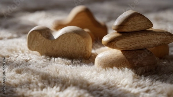 Obraz Group of wooden pebbles arranged in a pyramid-like formation on a white furry surface. there are six pebble stones in total, with the largest one in the center and three smaller ones on either side.