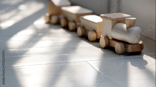 Obraz Row of wooden toy trains on a white tiled floor. the trains are made of light-colored wood and have a smooth finish.