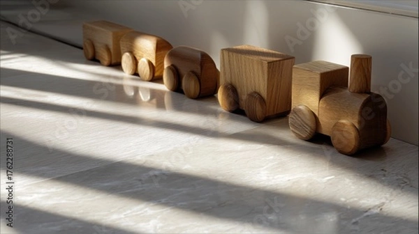 Obraz Row of six wooden toy cars arranged in a line on a white tiled floor. the cars are made of light-colored wood and have a smooth finish.