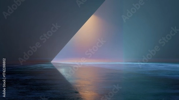 Obraz Digital art piece that appears to be a photograph of a sunset over the ocean. the sky is a gradient of blue and pink, with the sun setting in the background.