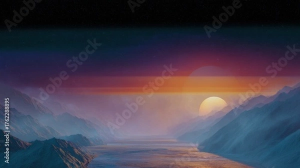 Obraz Beautiful landscape of a mountain range with a vast expanse of water in the foreground.