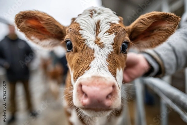 Fototapeta Close-up of a curious young calf with brown and white markings in a farmyard setting on a cloudy day