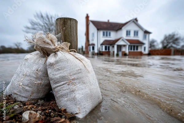 Obraz Flood protection measures taken outside a house on a rainy day in a rural area by using sandbags to prevent water damage