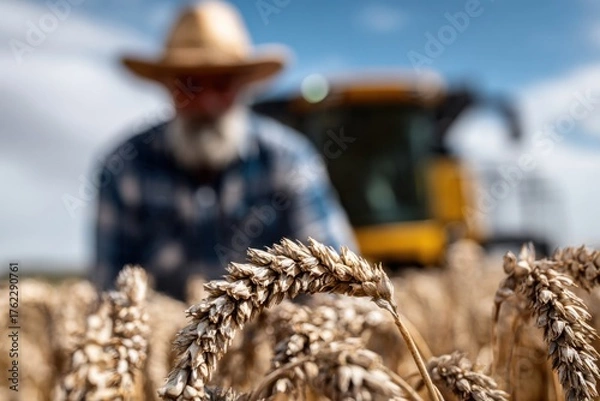 Obraz Farmer harvesting wheat in a sunny field with combine harvester in background during late summer