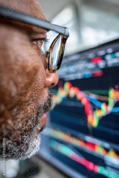 Fototapeta Investor analyzing stock market trends on a digital display in an office setting during the business day