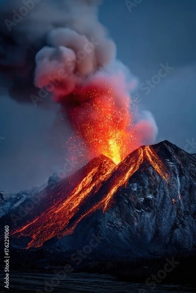 Fototapeta Volcano erupts spectacularly with lava and ash at twilight creating a stunning natural display of power and beauty