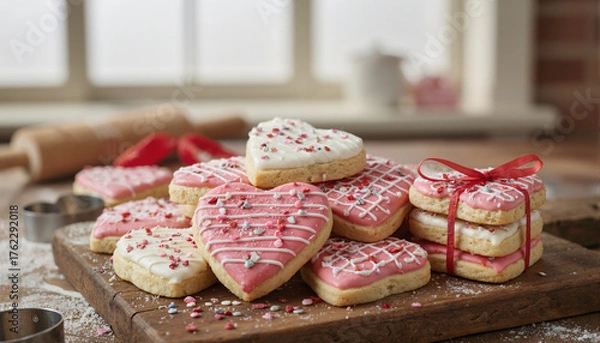 Obraz Decorated heart-shaped cookies with pink icing on wooden board, festive baking scene
