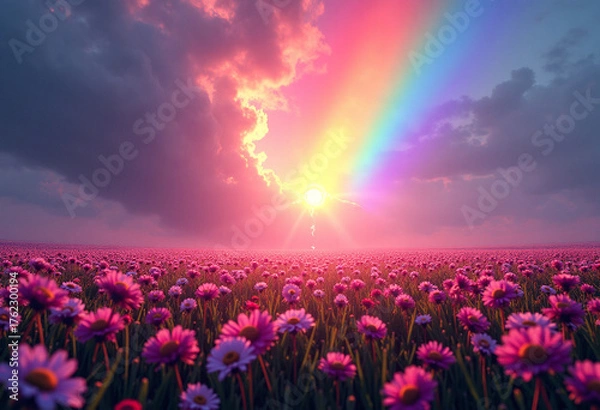 Obraz Glowing Rainbow Storm Above an Endless Field of Flowers