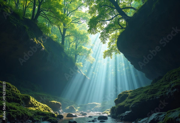 Fototapeta Luminous Forest Growing Upside-Down Beneath Floating Cliffs