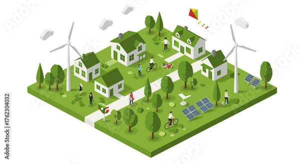 Fototapeta Sustainable community with wind turbines and solar panels in isometric style