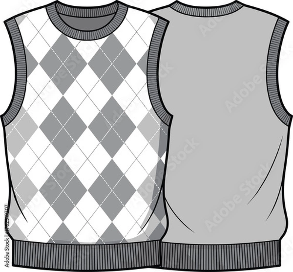 Obraz Argyle sweater vest fashion illustration front and back view with ribbed trim and diamond knit pattern design