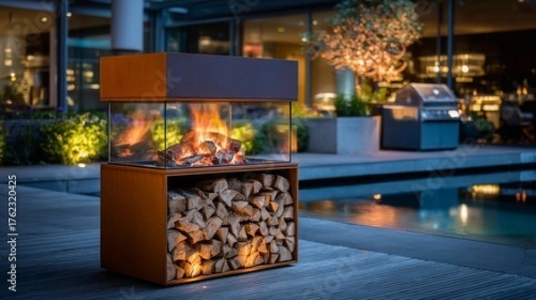 Fototapeta Modern outdoor fireplace with stacked wood beside a pool during evening in a contemporary garden setting