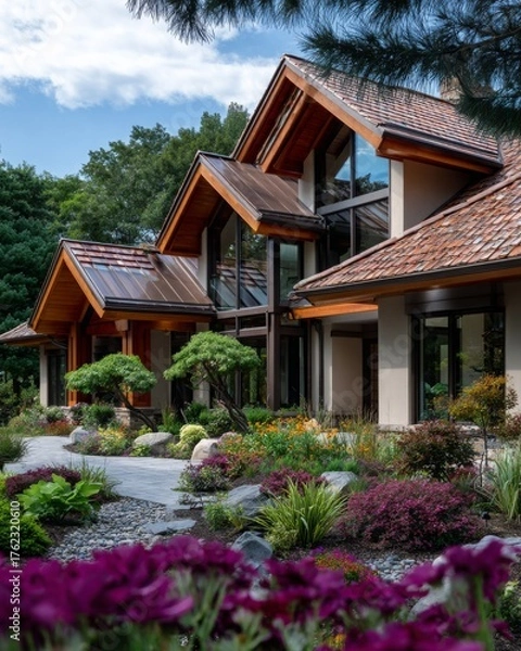 Obraz Modern architecture blends with nature in a serene garden setting near a residential home