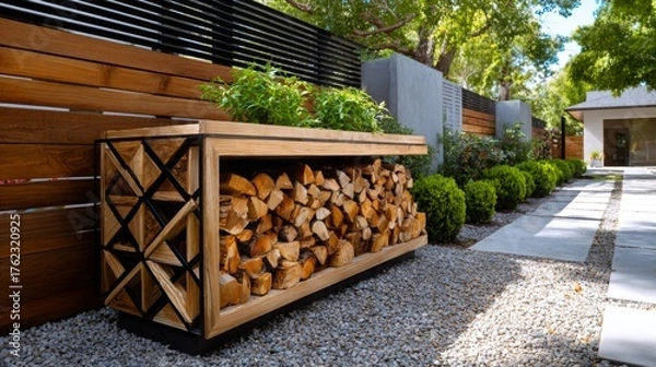 Fototapeta Modern outdoor garden design features a stylish planter and firewood storage unit in a serene backyard setting