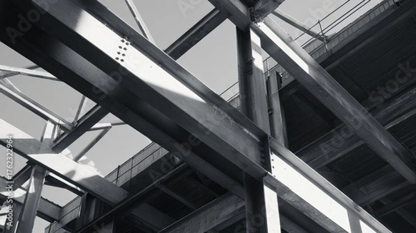 Fototapeta Steel frame construction structure photographed in industrial setting.