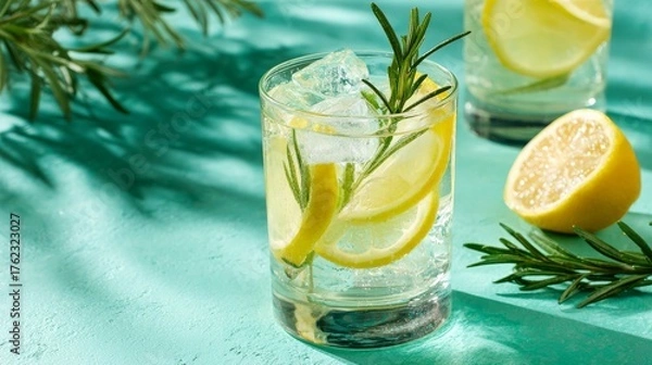 Fototapeta Summer lemonade or cocktail with ice, rosemary, and lemon slices on pastel green surface. Cold fresh lemon water.