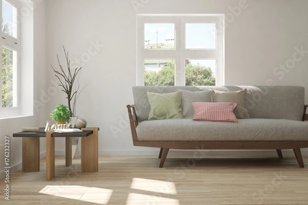 Fototapeta White room with sofa and summer landscape in window. Scandinavian interior design. 3D illustration