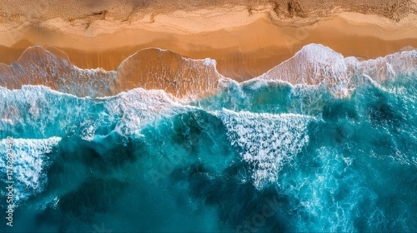 Fototapeta Top aerial view of golden sandy beach meeting deep blue ocean waves. Seaside vacation and travel concept.