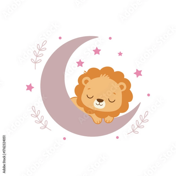 Fototapeta Sleeping baby lion on crescent moon with pink stars and leaves