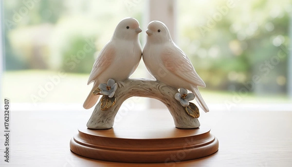 Obraz Ceramic figurine of two lovebirds perched on branch, elegant home decor piece