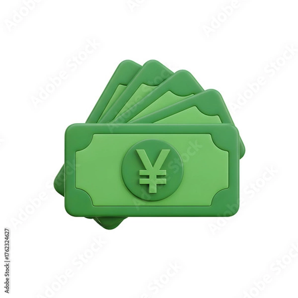 Fototapeta 3d icon of stack of green banknotes with a yen symbol on a transparent background