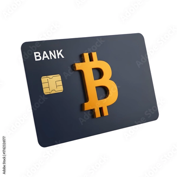 Fototapeta 3d icon of credit card with bitcoin symbol and chip, isolated on transparent background